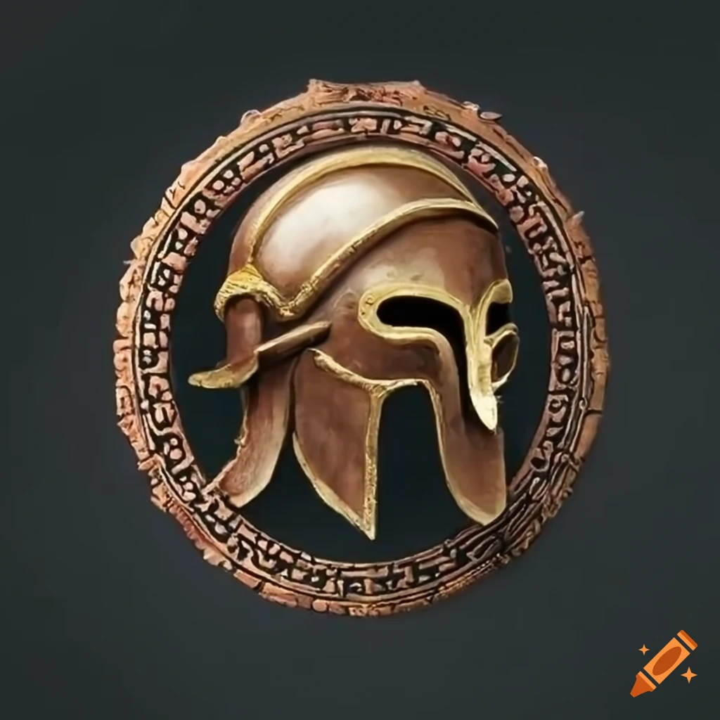 medallion with blindfolded greek battle helmet
