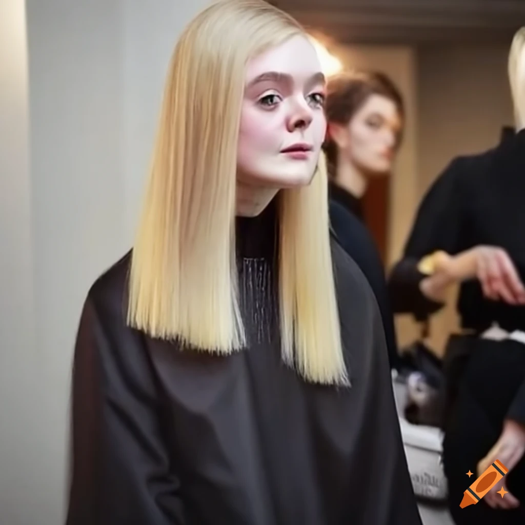 Elle fanning getting her hair trimmed backstage at a fashion show