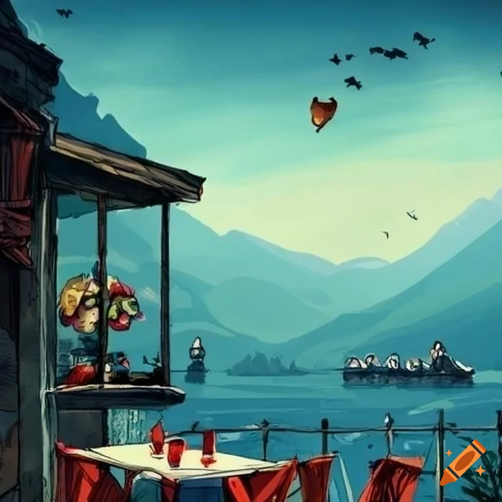 Comic book style coffee cafe at Lake Como on Craiyon, image size:1024x1024