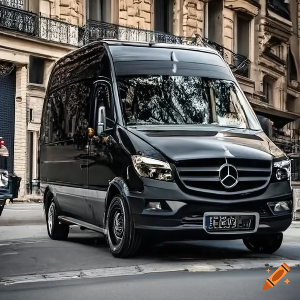 black Mercedes Sprinter van parked in a busy Paris street