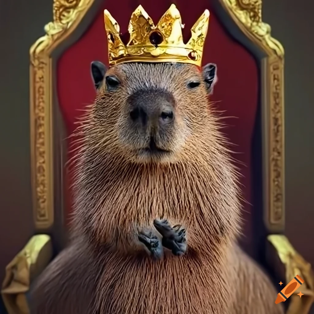 Capybara wearing a golden crown on a throne on Craiyon