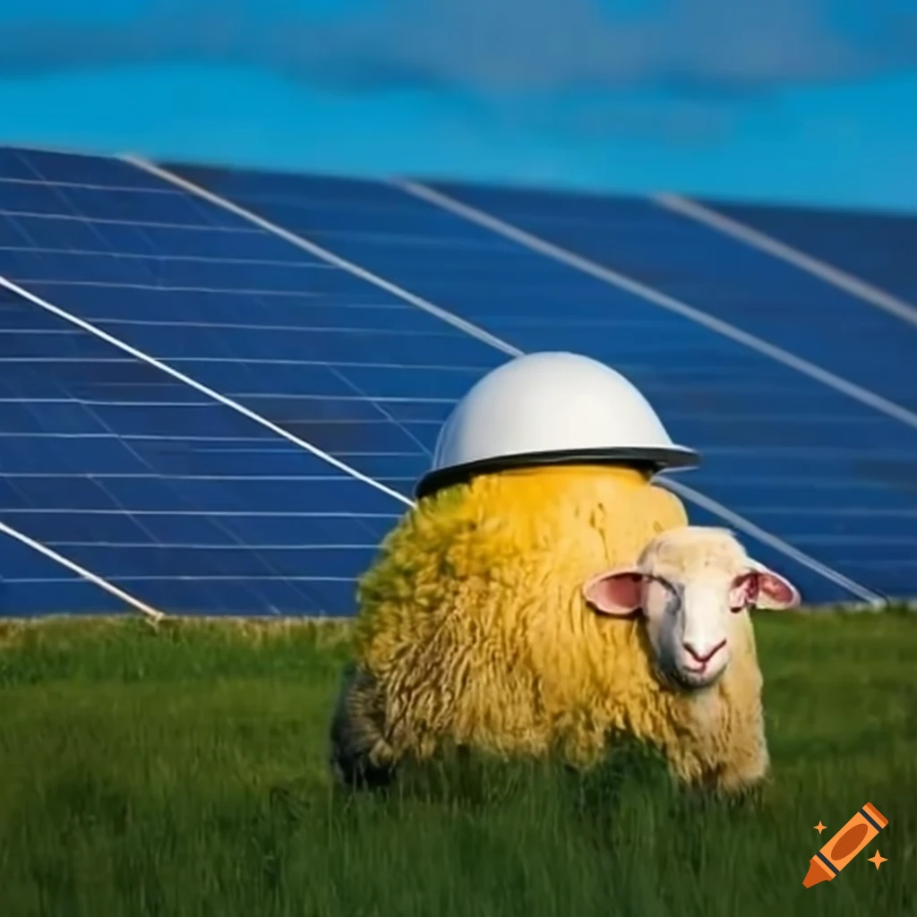 sheep in helmet cleaning solar panels