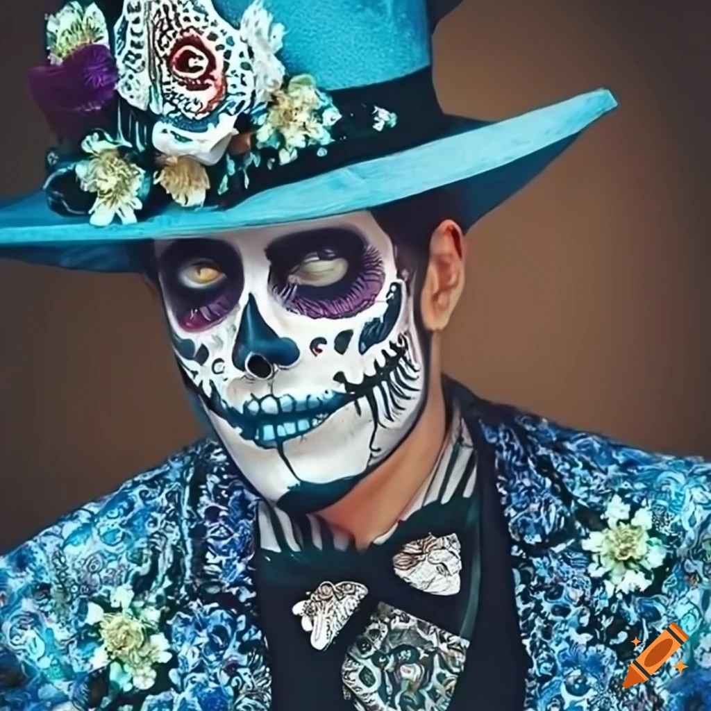 artistic representation of a man with blue hair and flowers in the background