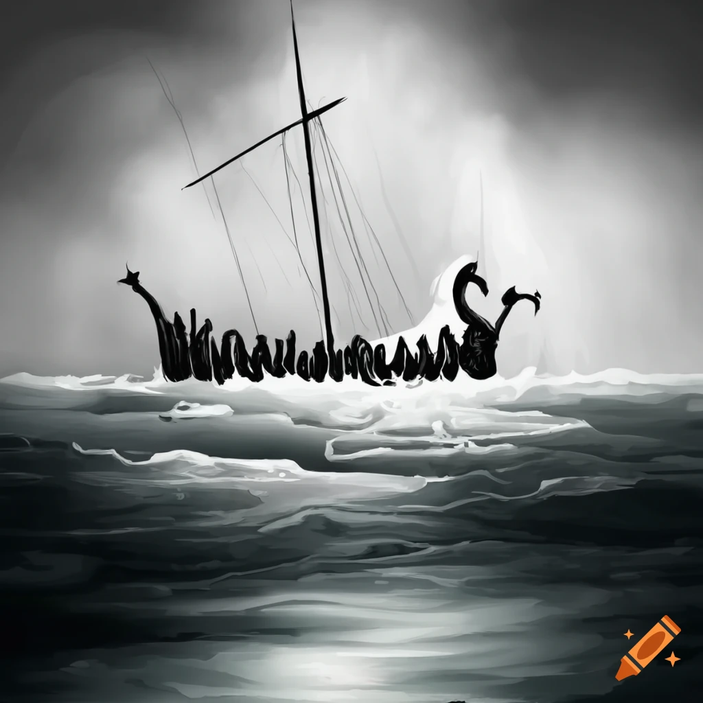 black and white illustration of a viking shipwreck on a foggy island