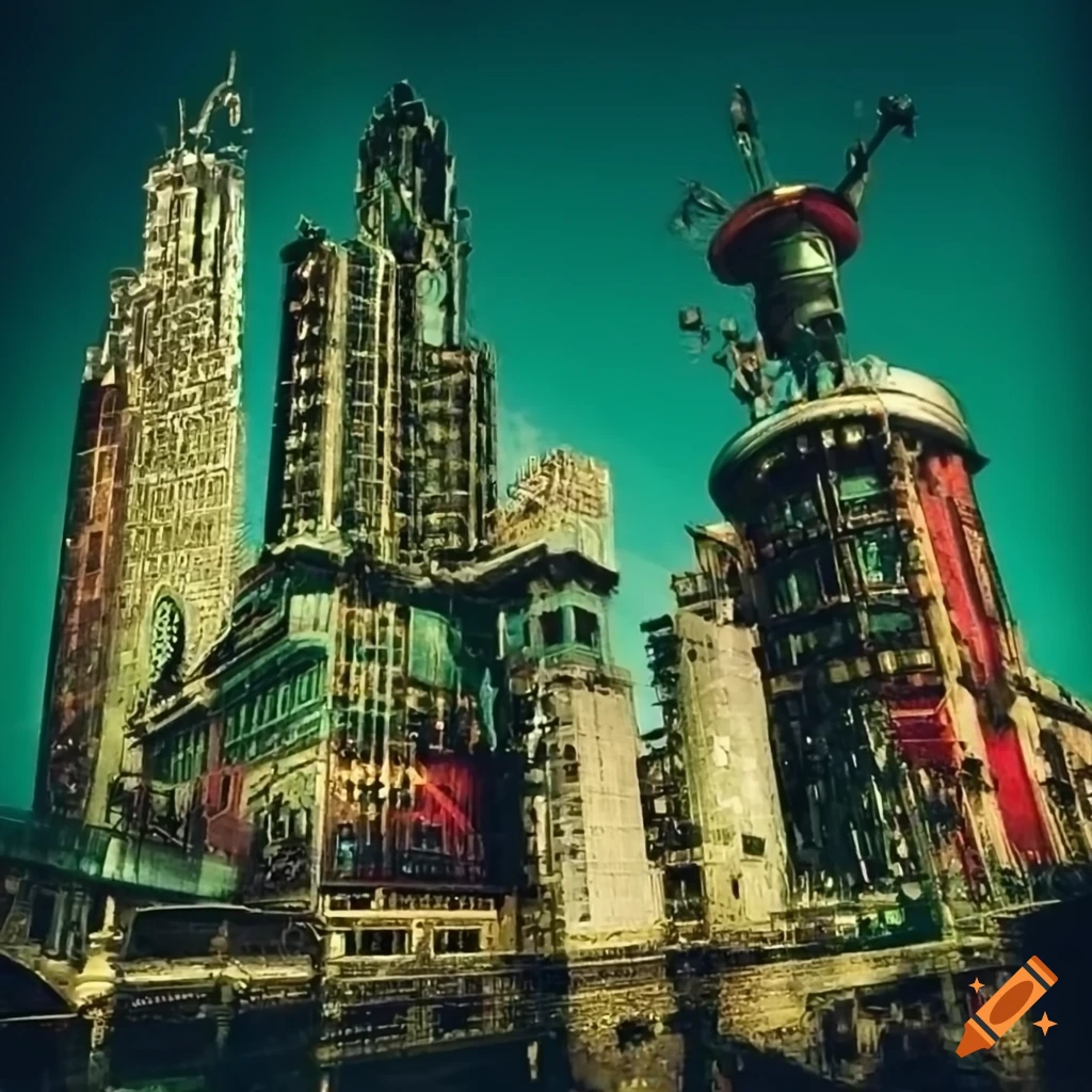 Golden, red and green steampunk cityscape on Craiyon