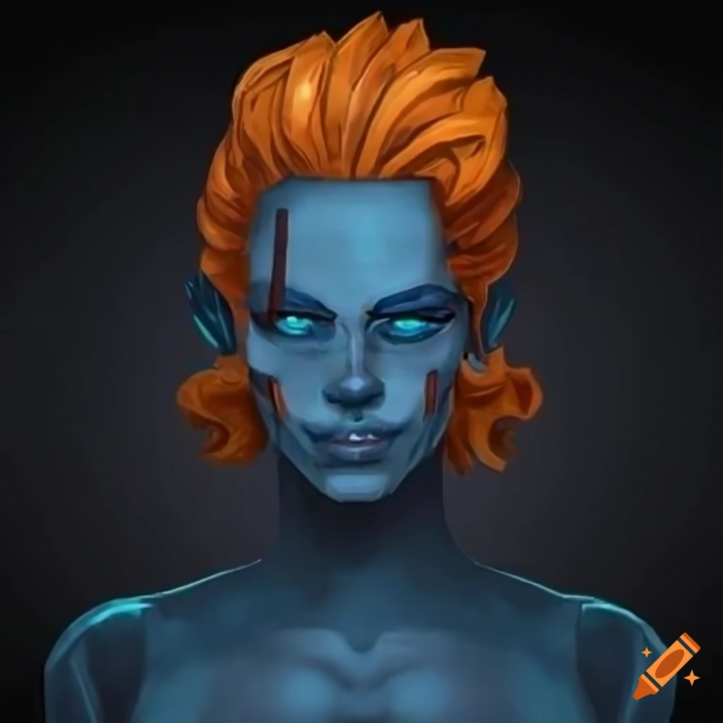 Artwork of a blue-skinned female air genasi with copper hair