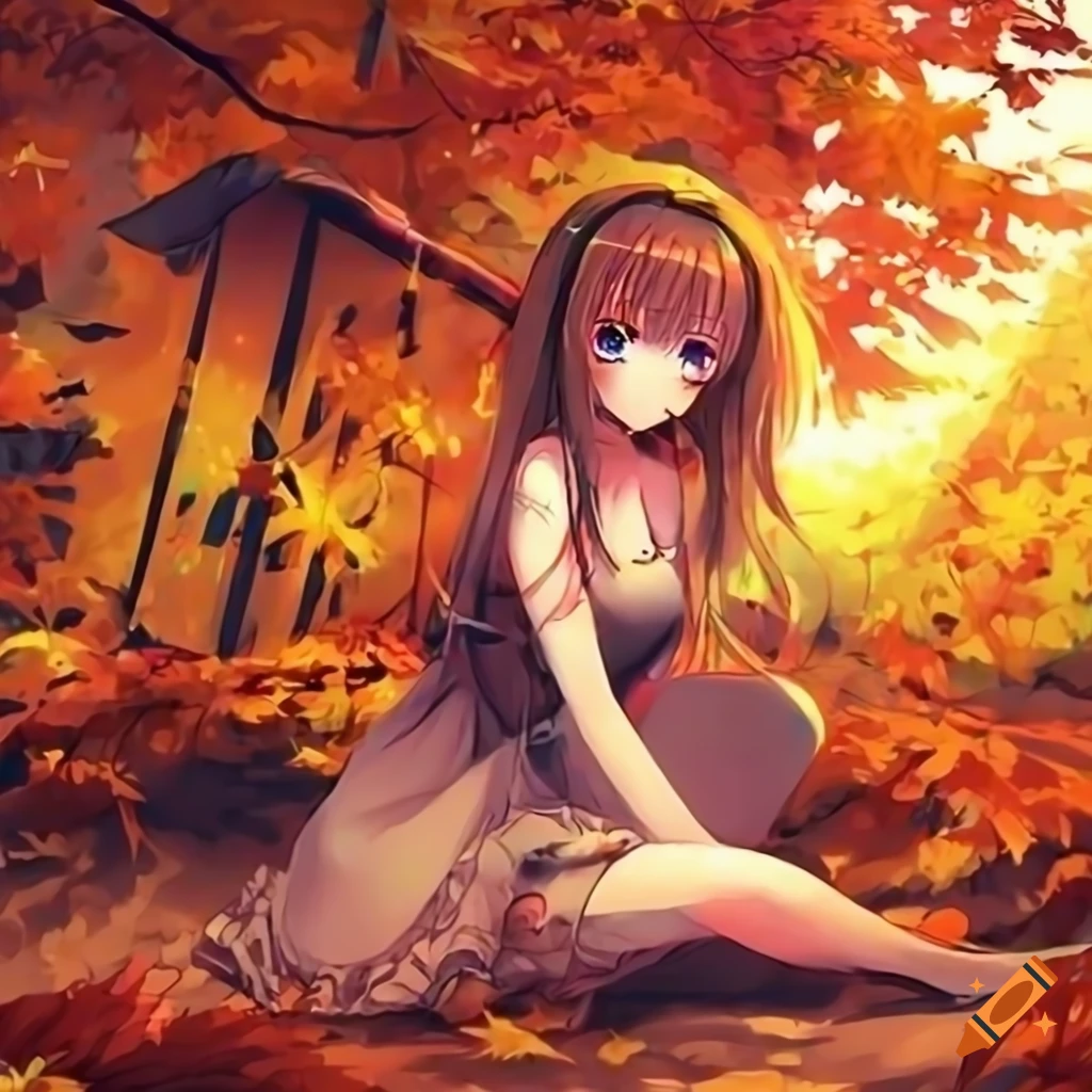 Anime girl with wavy hair in a jacket and pants stands with her back  raising her hand in the light of the sun in the autumn landscape on Craiyon