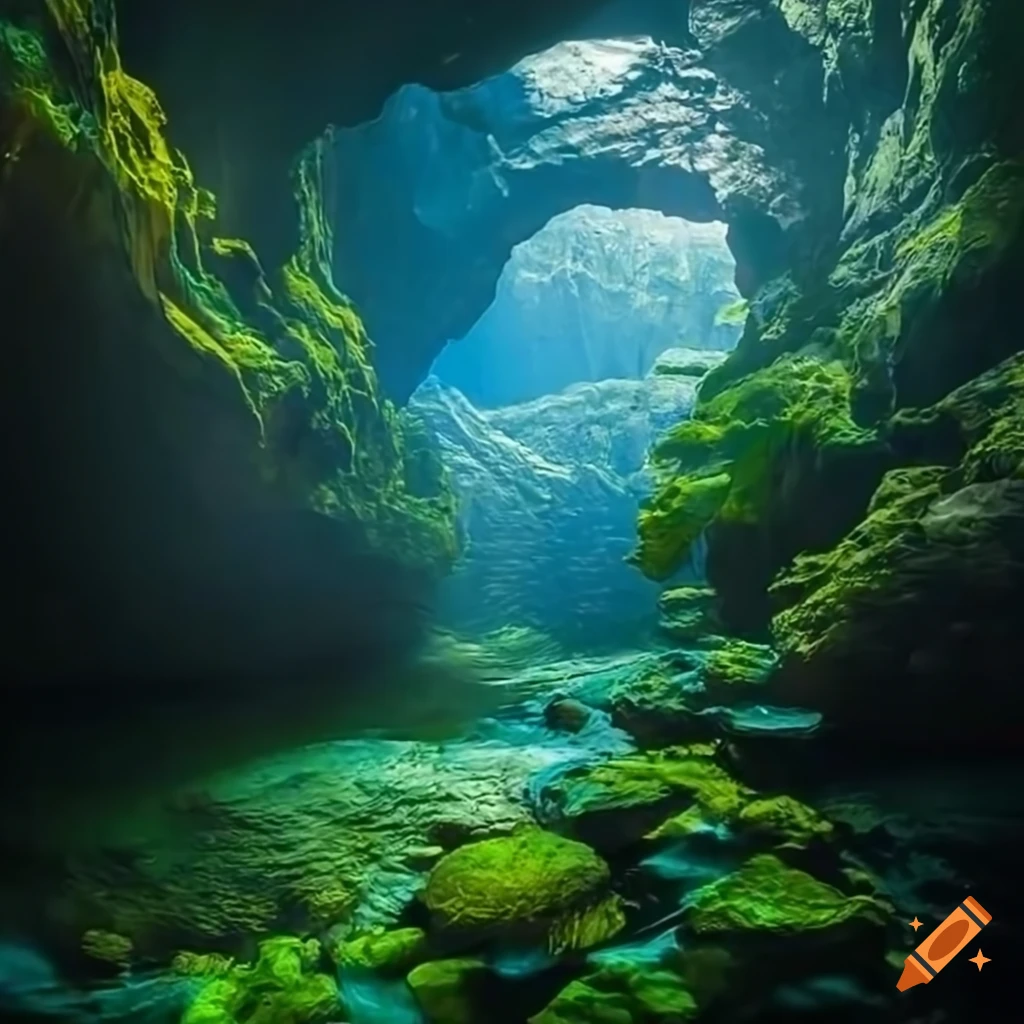 photo of a lush cave with water and plants