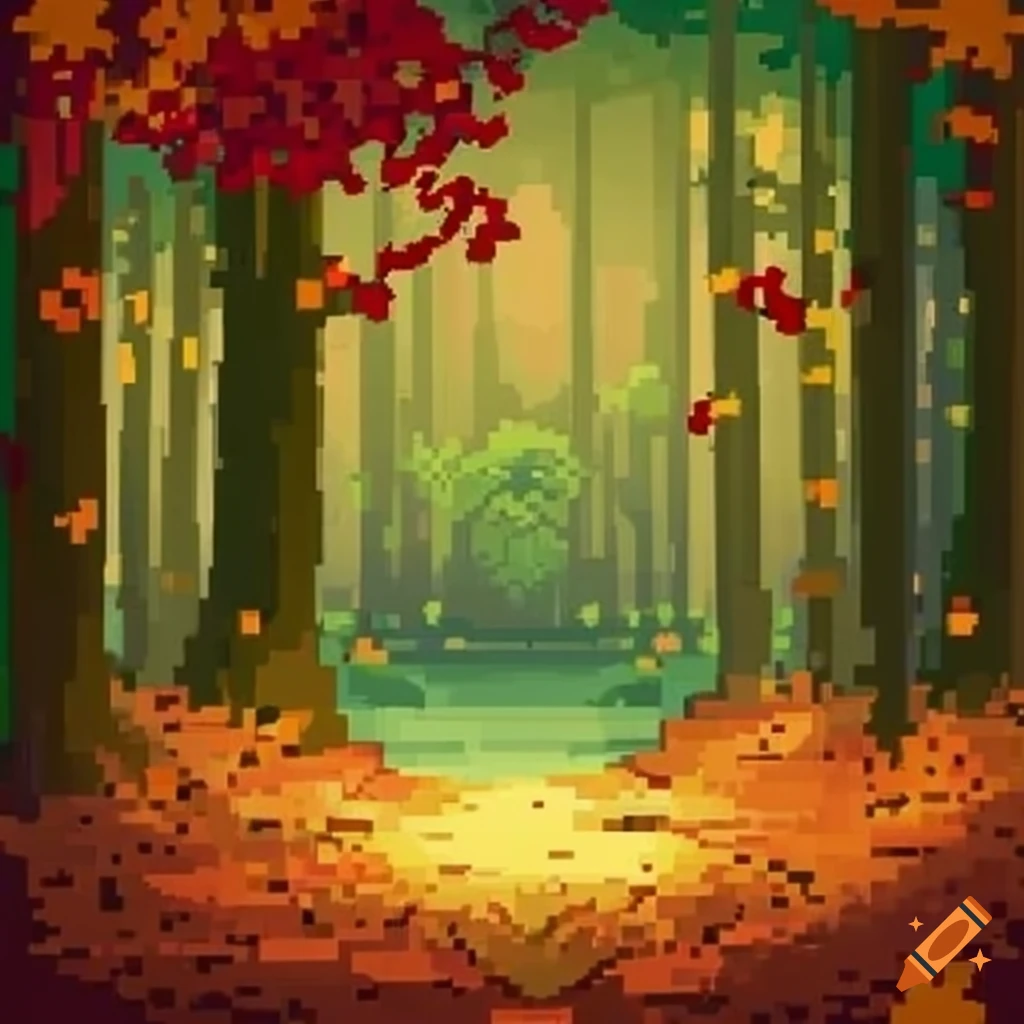 pixel art of a magical enchanted forest in autumn