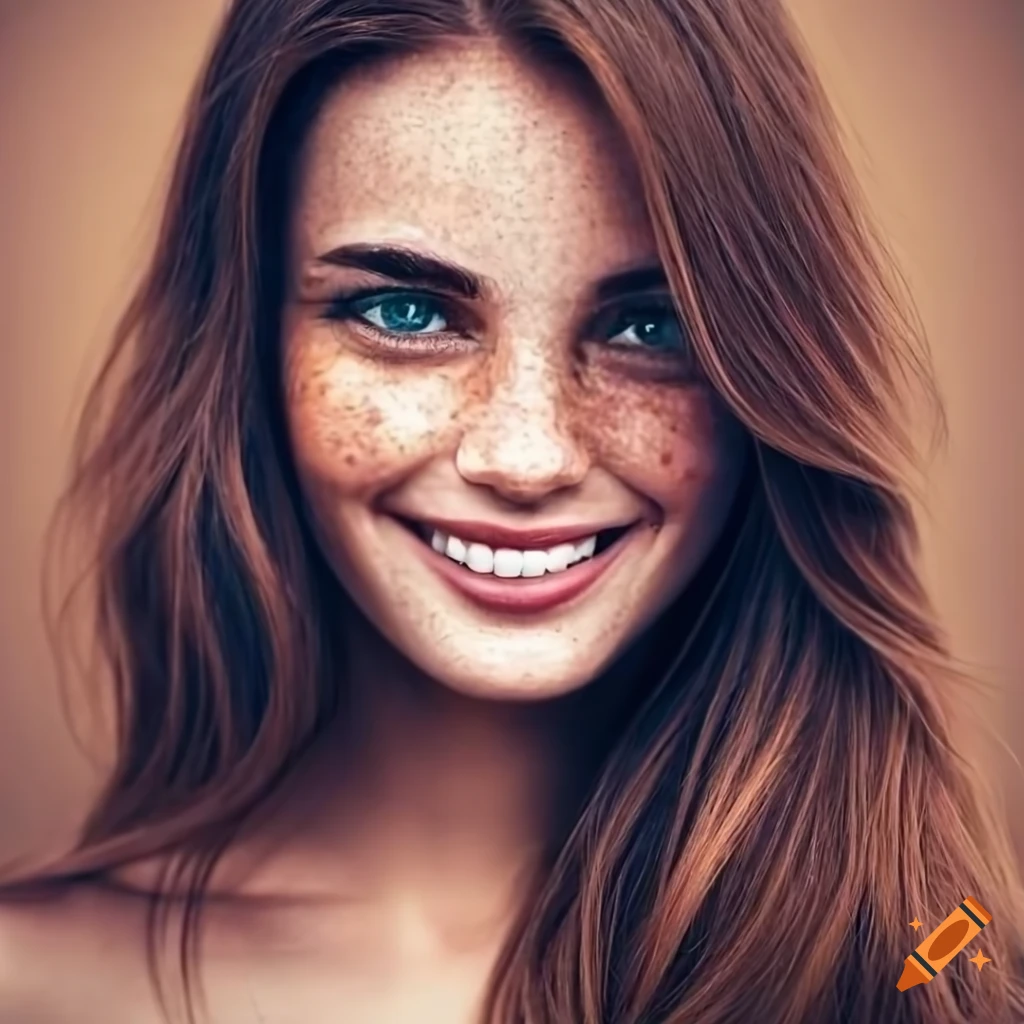 Portrait of a beautiful woman with freckles and dark brown hair on Craiyon