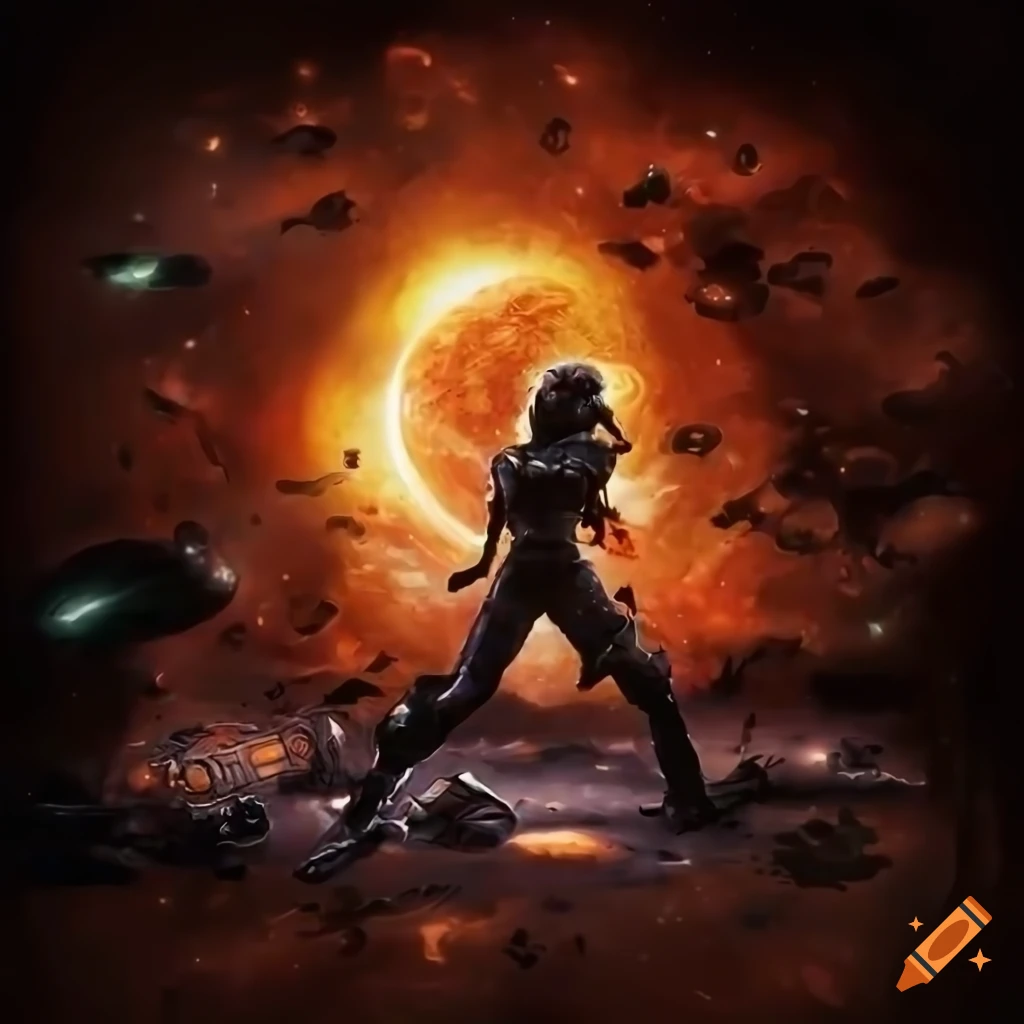 digital painting of space battle with battle-worn woman