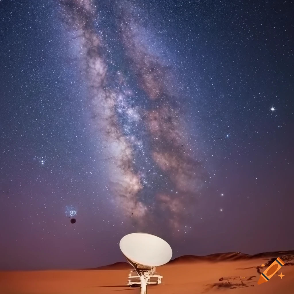 Detailed photo of a small radio telescope under the milky way on Craiyon