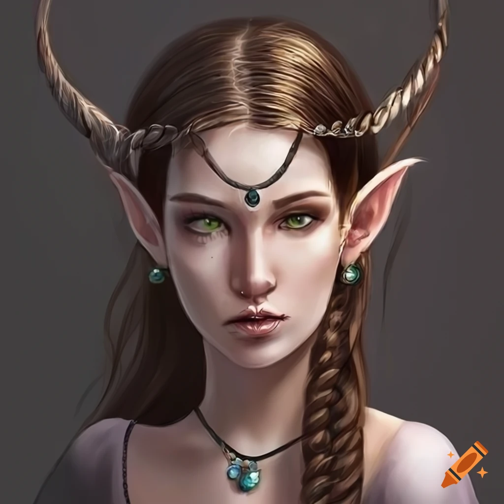 Art of a half-elven woman with long braided brown hair