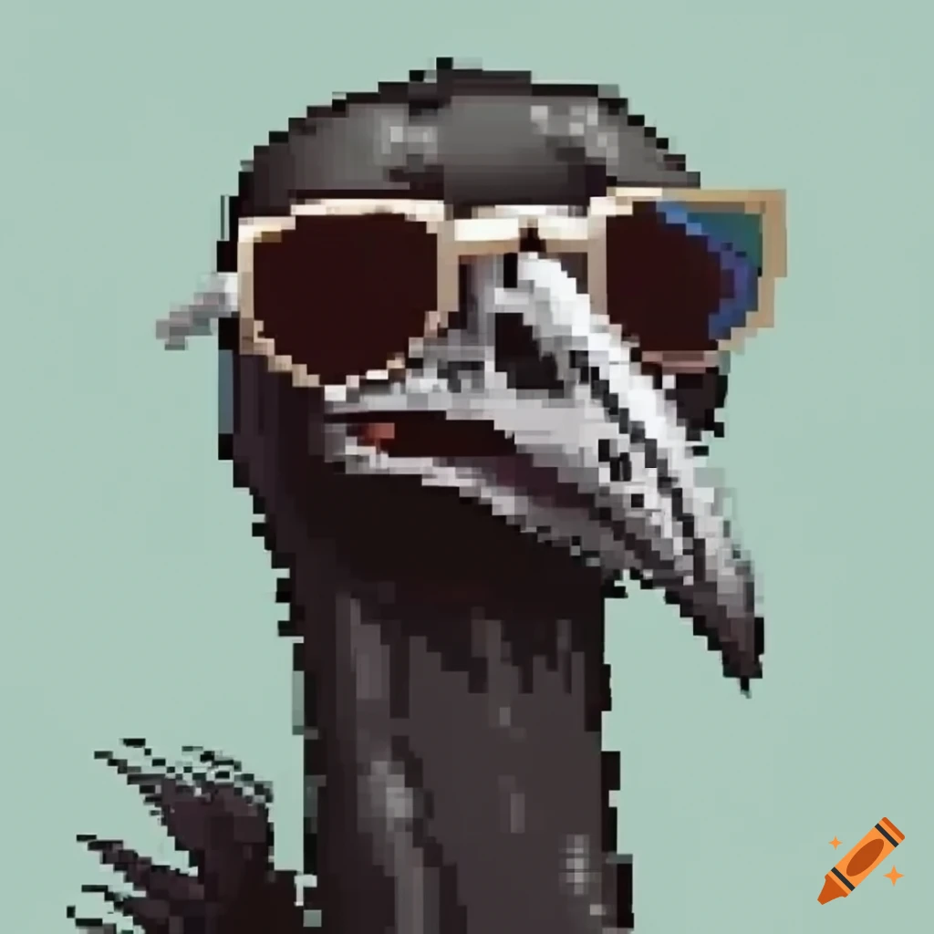 Pixel art of a cool emu skeleton with sunglasses