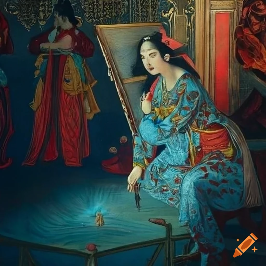 oriental woodblock print of an artist-magician at work