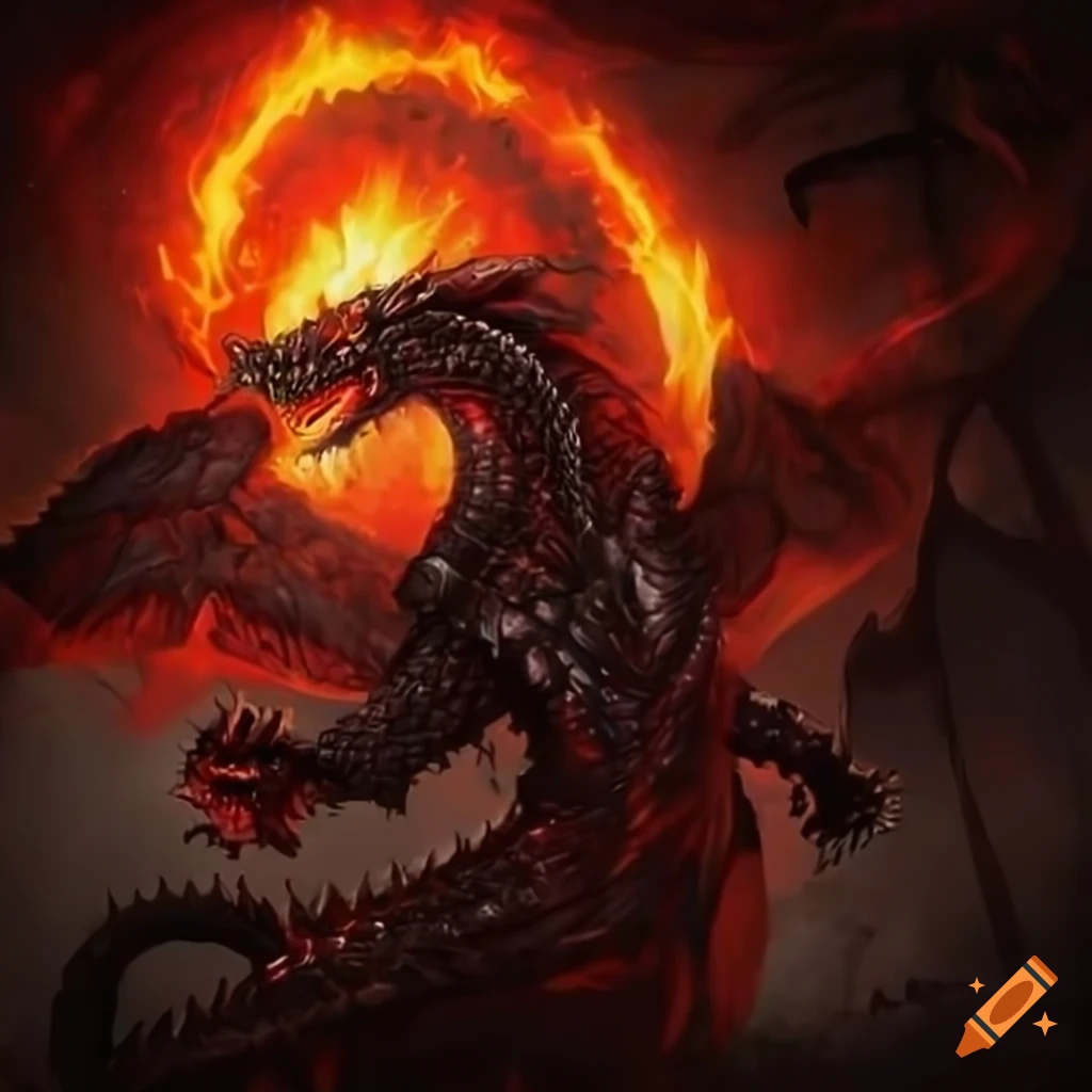 fantasy art of a dark mage battling a volcanic dragon
