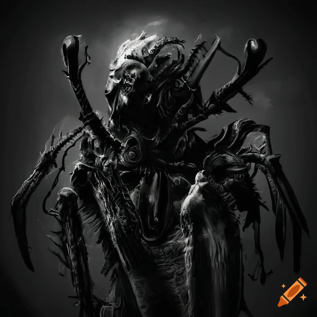 black and white image of a dark mechanical insect