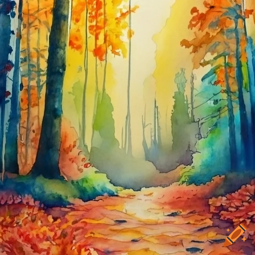 watercolor-painting-of-a-forest-with-golden-details-and-flowers-on-craiyon