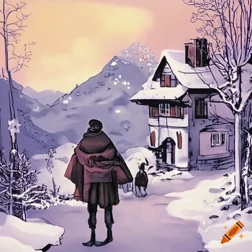 Noir graphic novel villainess in a swiss mountain village on Craiyon