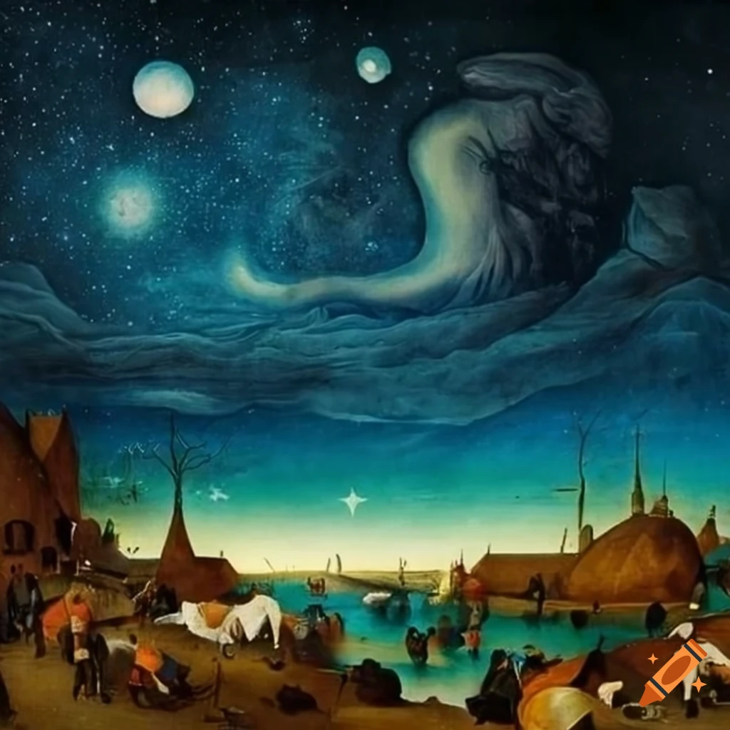 painting of whimsical scene under starry sky