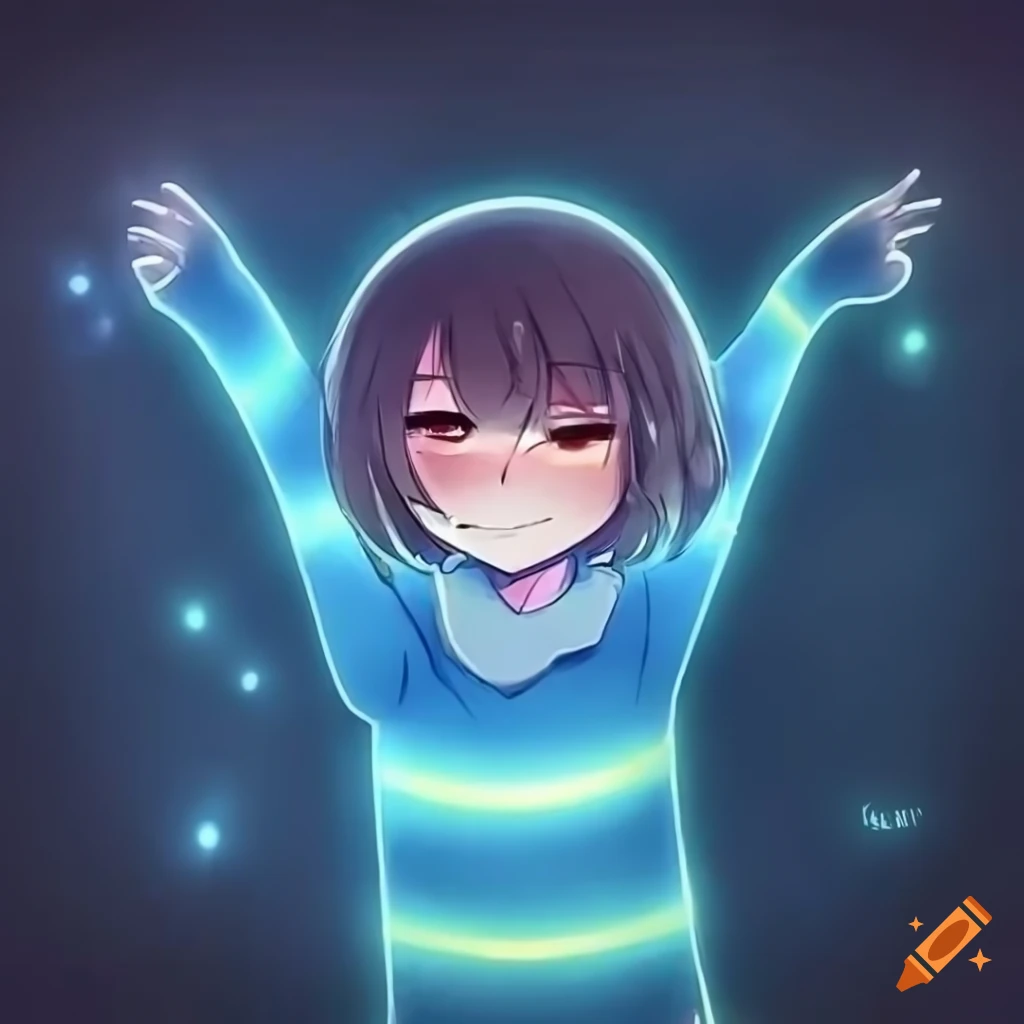 Fanart of chara from undertale with glowing blue features on Craiyon