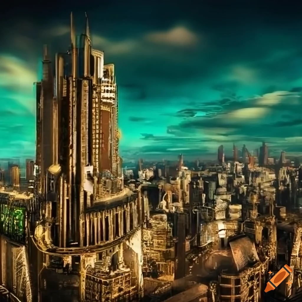 Dystopian steampunk cityscape on Craiyon