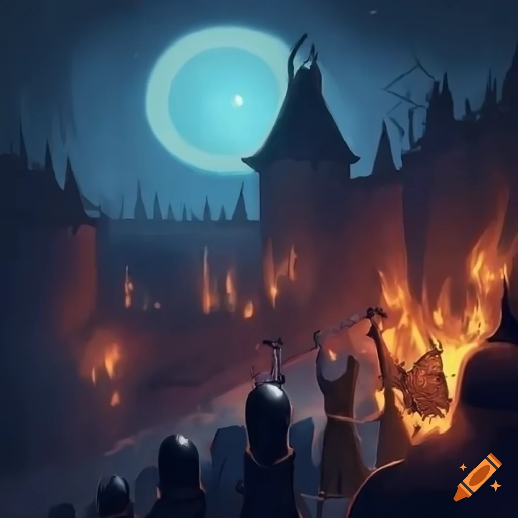 detailed medieval fantasy army with torches at night