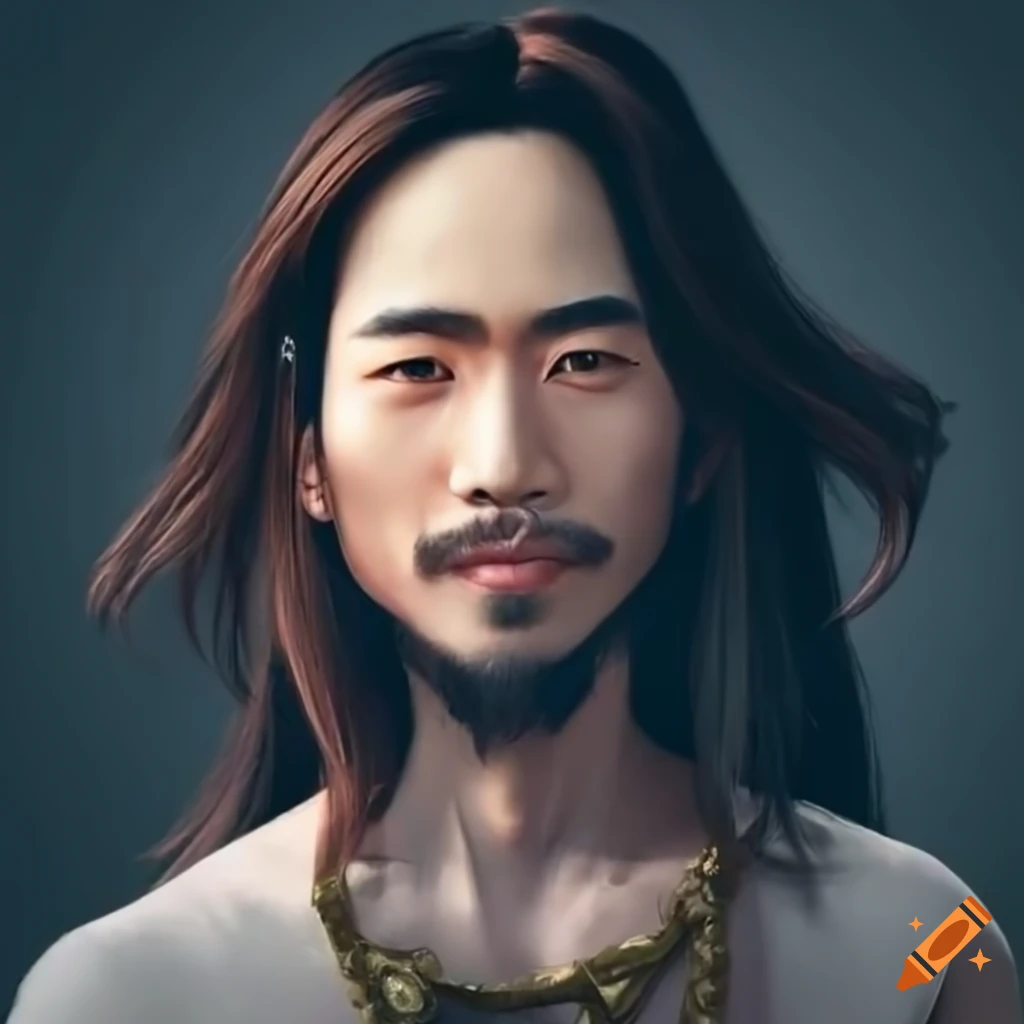 portrait of a confident Asian man with long hair and beard
