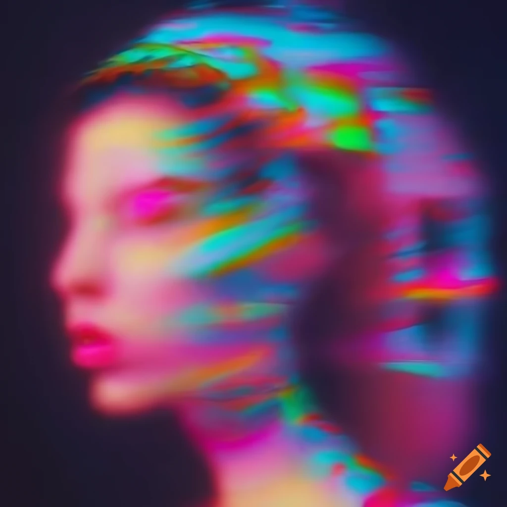 Glitch art of a vogue model in vibrant surreal clothes on Craiyon