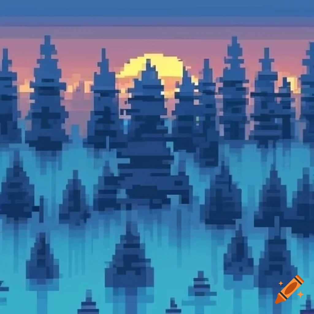 pixel art of a sunset with pine trees and fog