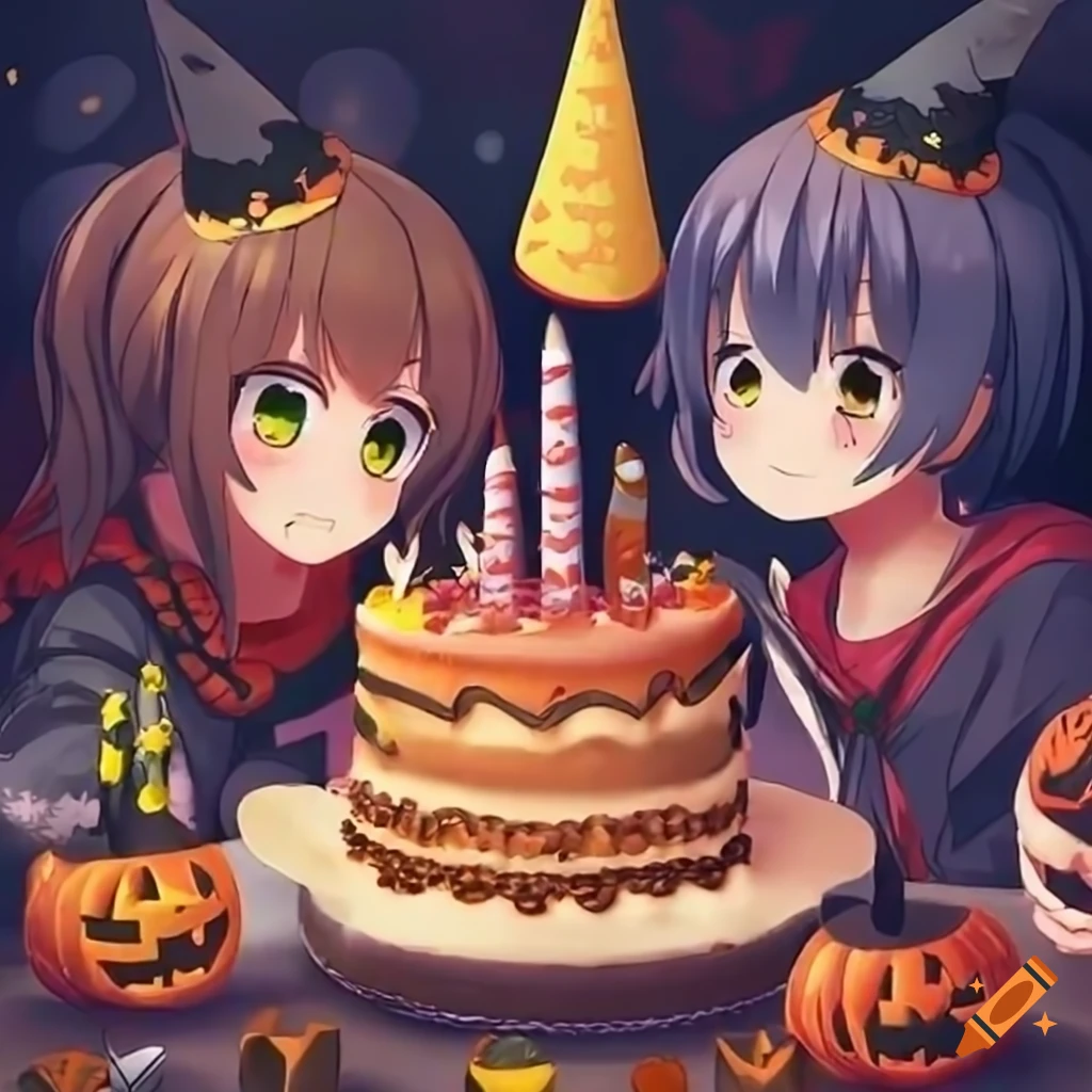 Anime characters celebrating birthday with halloween theme
