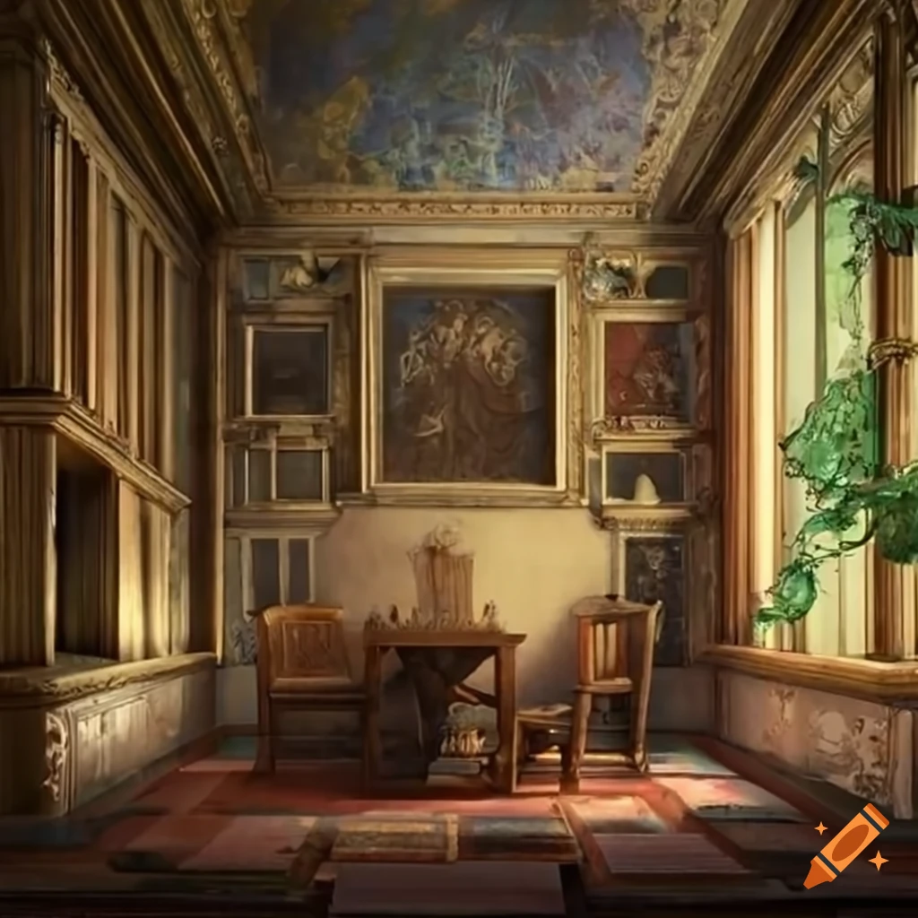 picture of an ancient study room with a garden