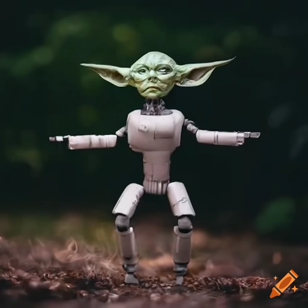 artistic robot made of recycled materials dancing yoga