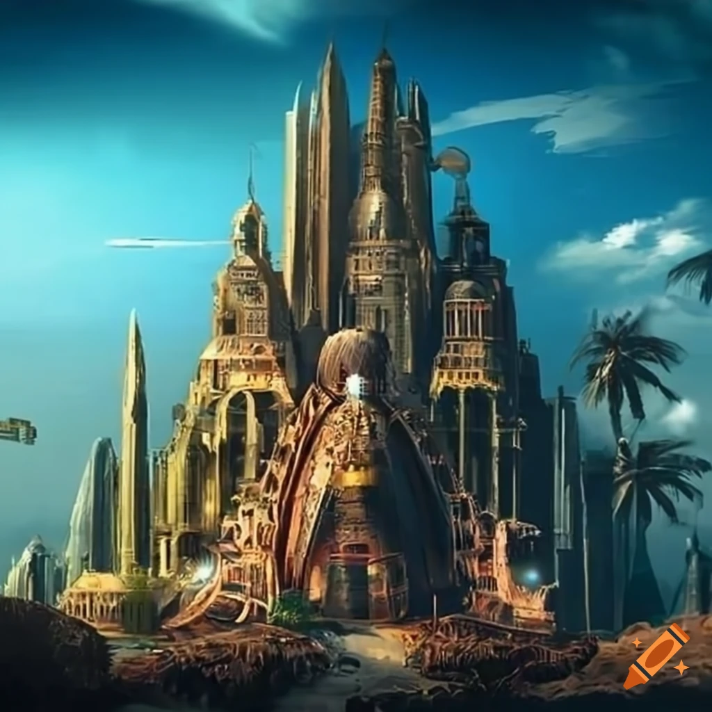 steampunk cityscape with palm trees on a tropical beach