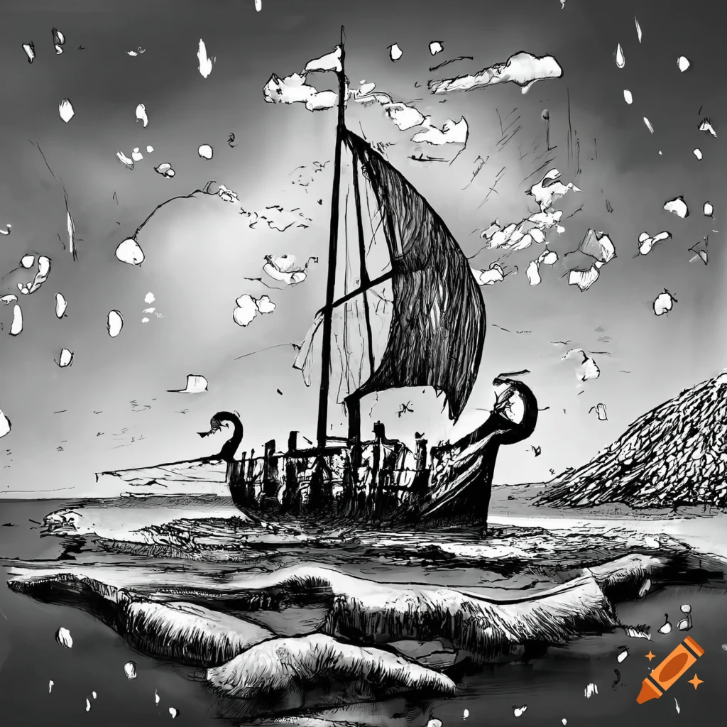 Black And White Ink Drawing Of A Viking Ship Wrecked On A Desolate black-and-white-ink-drawing-of-a-viking-ship-wrecked-on-a-desolate