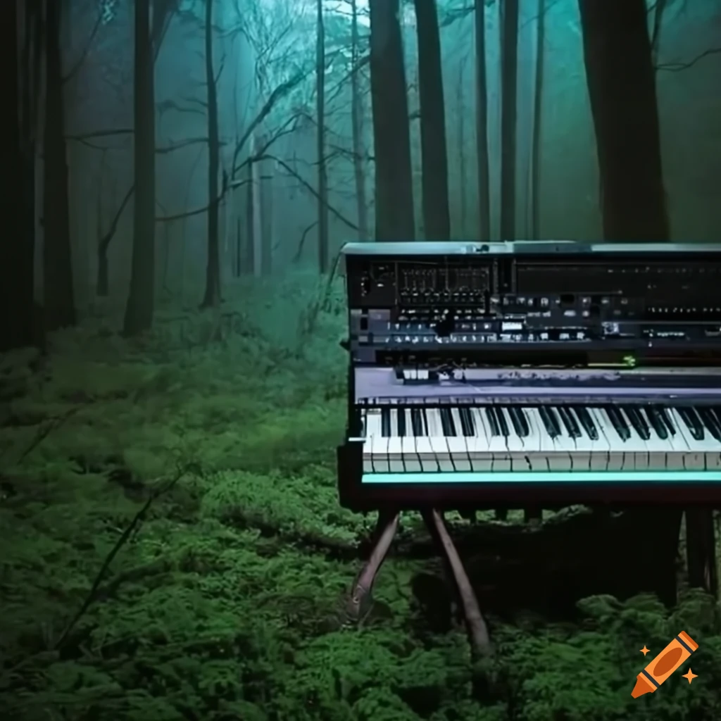 Night scene with a synthesizer in the forest on Craiyon