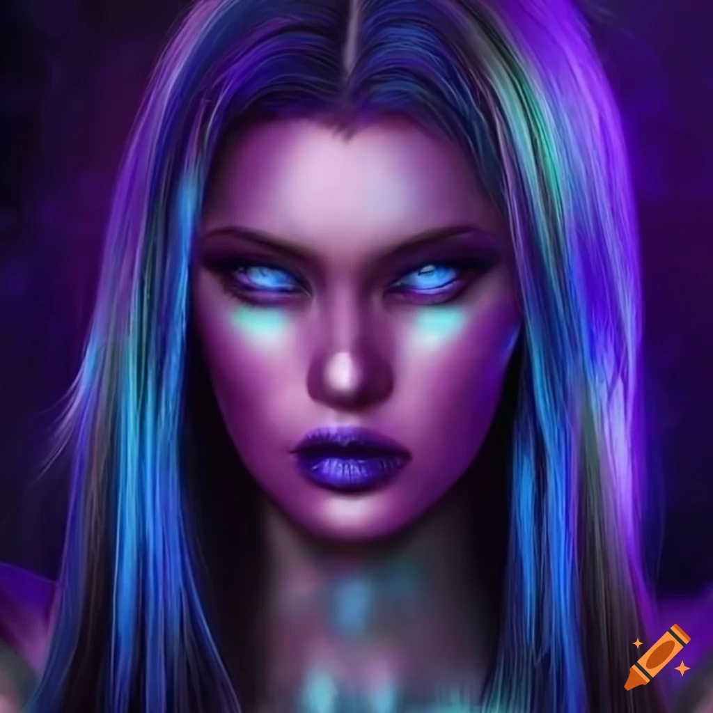 Cyber woman with blue skin and violet hair