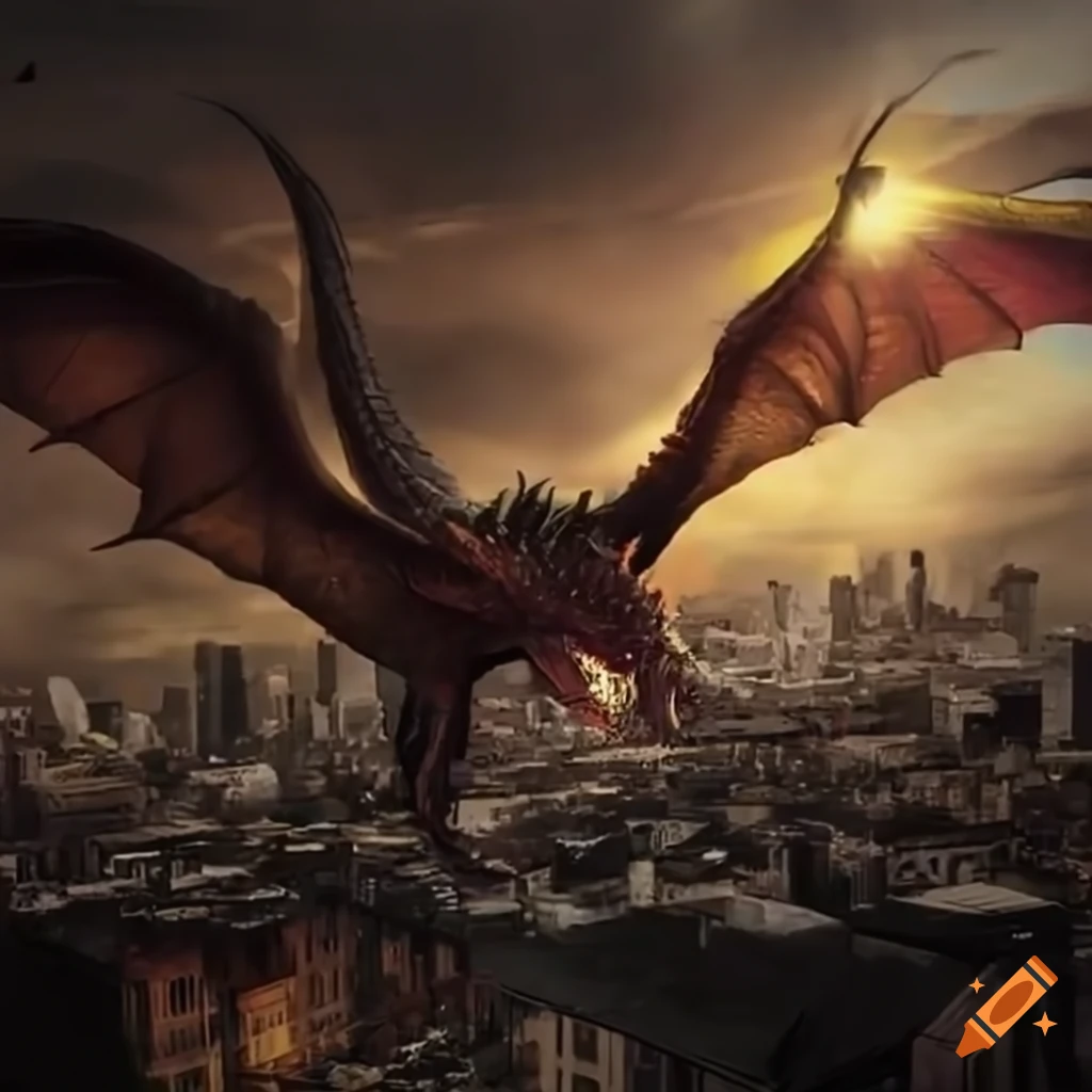 illustration of a dragon flying over a destroyed city