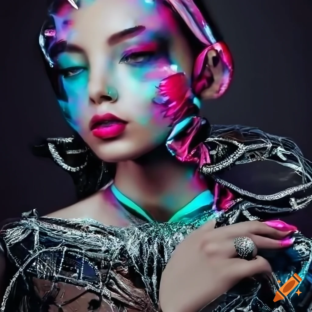 Vivid and detailed photo of a vogue model in futuristic clothes on craiyon