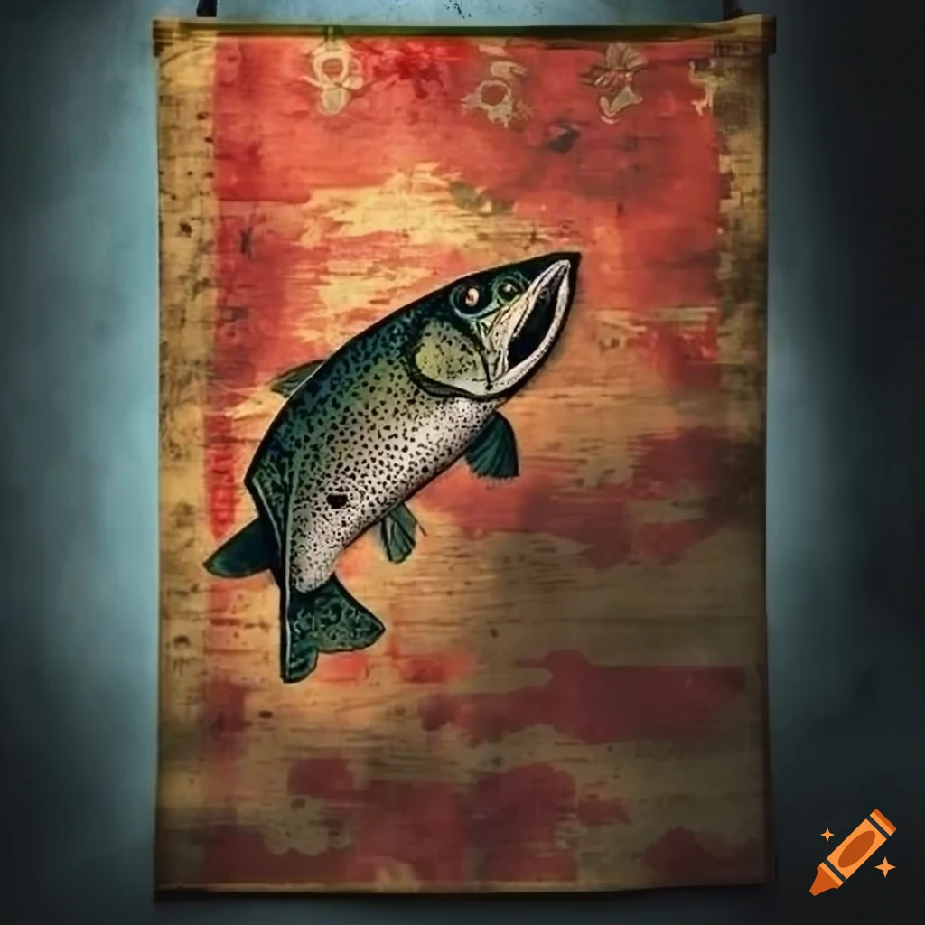 Weathered medieval military banner with fish trout design on Craiyon