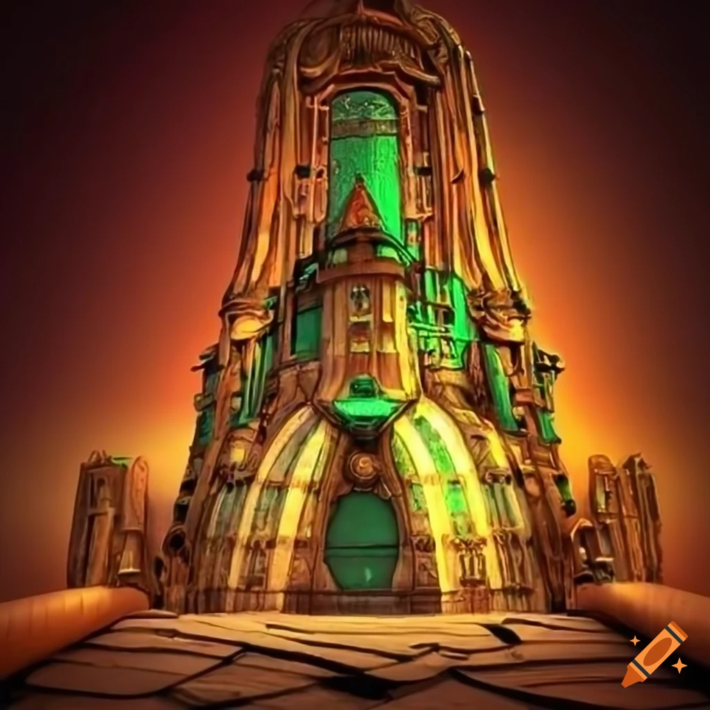 Steampunk building with green, red, and golden colors