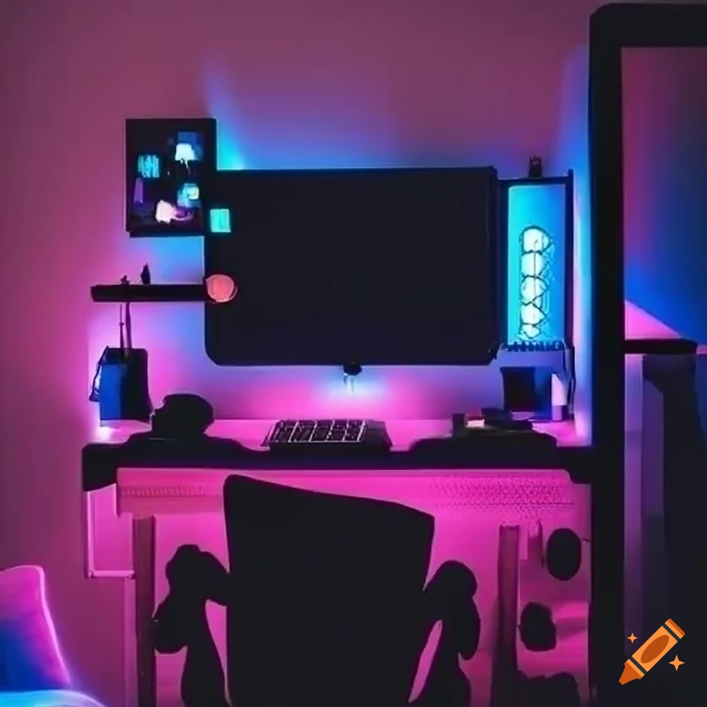 Premium Photo  A gaming room with a pink and blue led light that