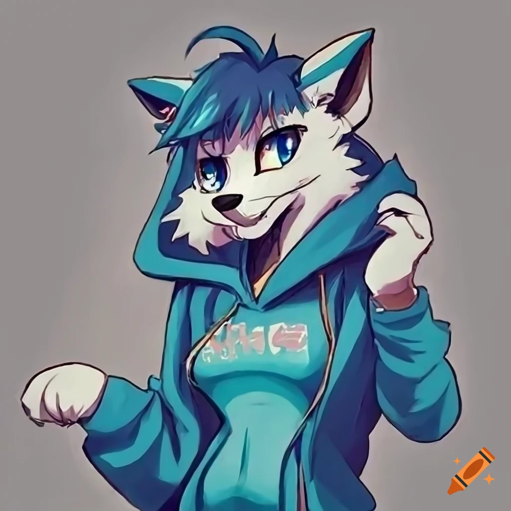 Vibrant digital artwork of a white wolf furry in a blue hoodie
