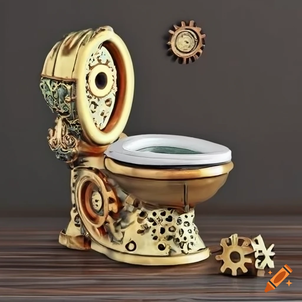 green and golden steampunk ceramic toilet with intricate gears