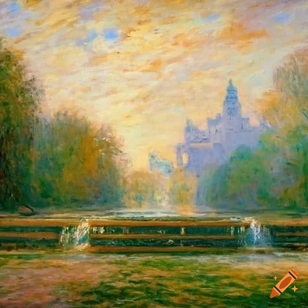 A beautiful landscape with a stylized park and a fountain on Craiyon