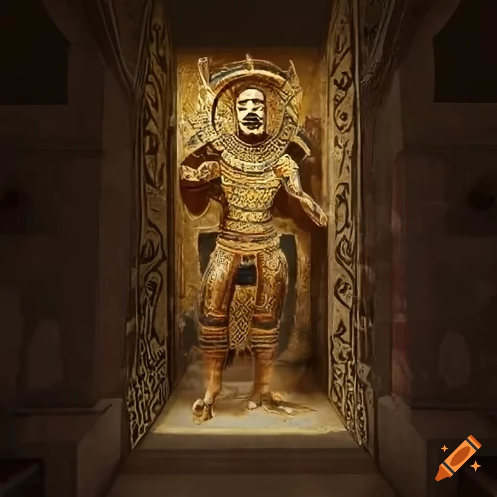 Fresco of a sky god with golden armor on a wall on Craiyon