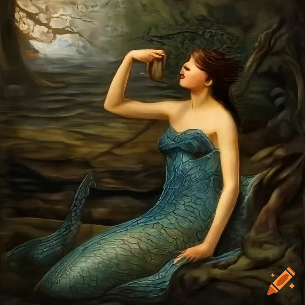 Detailed waterhouse-style painting of a siren in a dark wood on