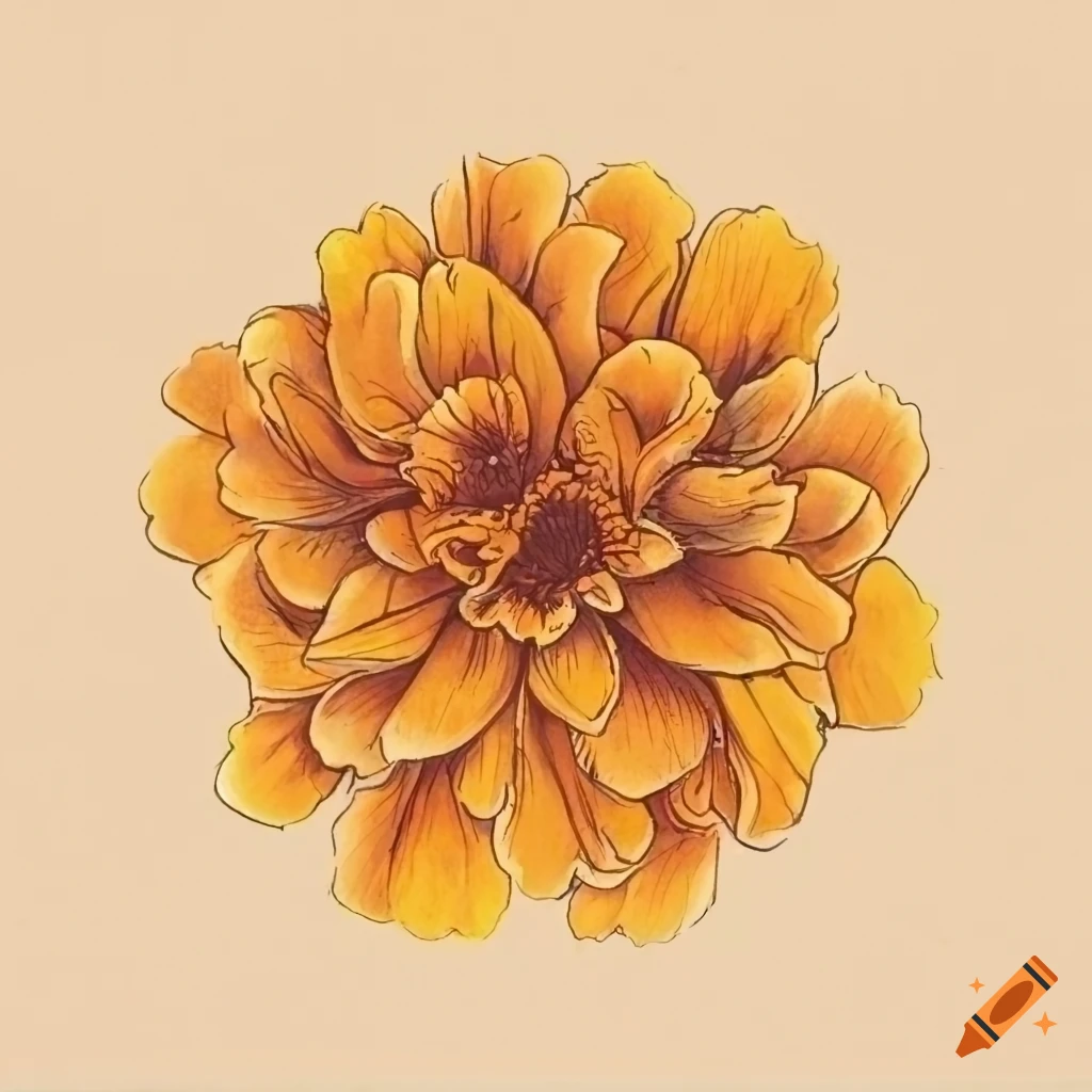Hand Drawn Top Down View Of Marigold Flowers