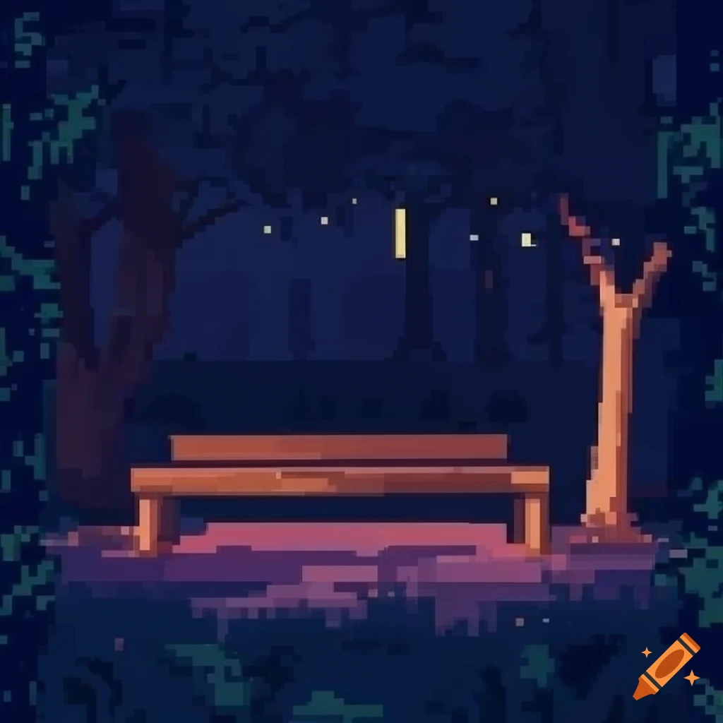 pixel art of a cozy park bench at night