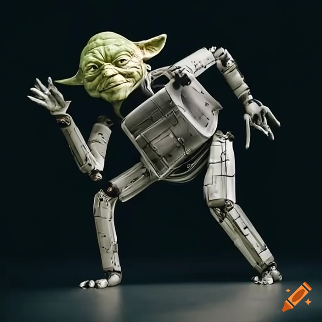 Robot doing yoga with a yoda figurine